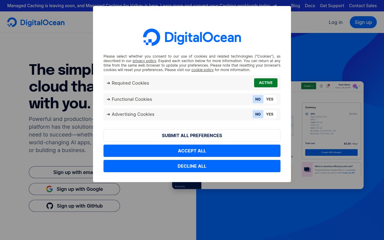 Скриншот сайта DigitalOcean